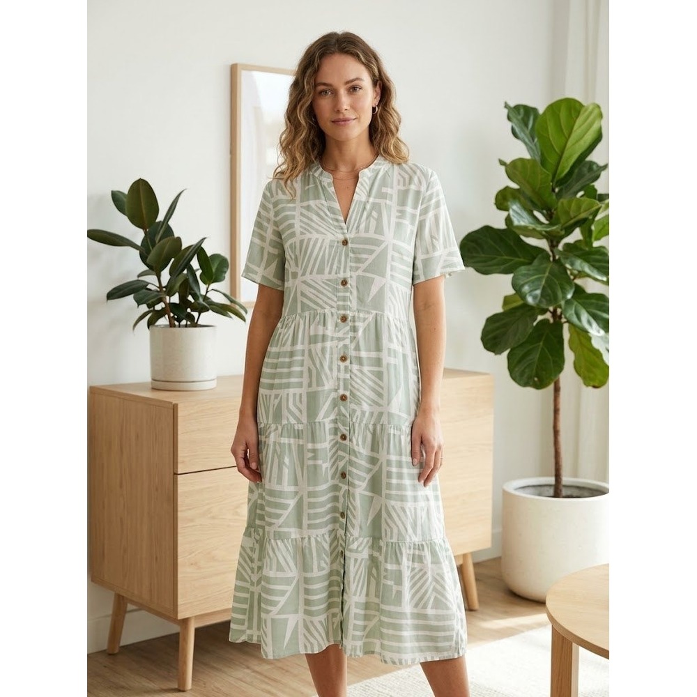 Sage Green Abstract Geometric Midi Dress Button Down Puff Sleeve Small NWT Boho
